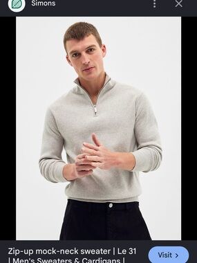 Simons Men's Light Gray Zip-Up Mock-Neck Sweater